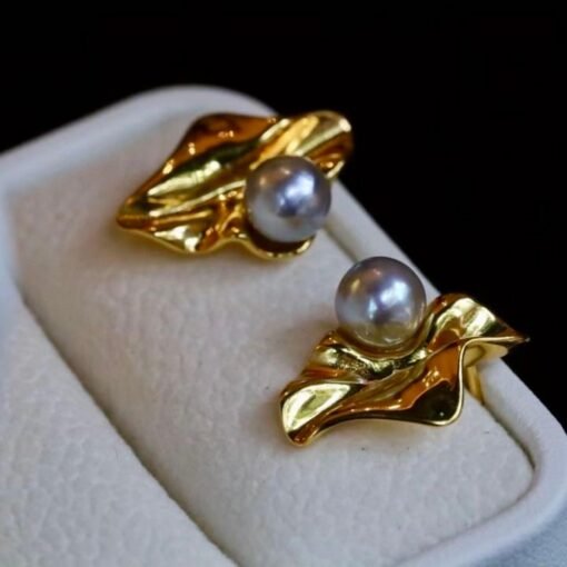 Natural seawater akoya pearl stud earrings silver|Vintage 6mm Pearl Floral Earring gold|Handmade pearl jewelry women|June Birthstone Gift - Image 2