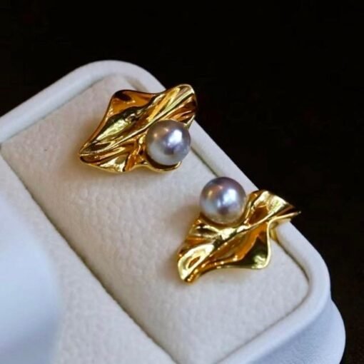 Natural seawater akoya pearl stud earrings silver|Vintage 6mm Pearl Floral Earring gold|Handmade pearl jewelry women|June Birthstone Gift - Image 4