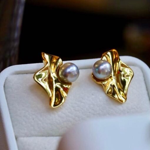 Natural seawater akoya pearl stud earrings silver|Vintage 6mm Pearl Floral Earring gold|Handmade pearl jewelry women|June Birthstone Gift - Image 5