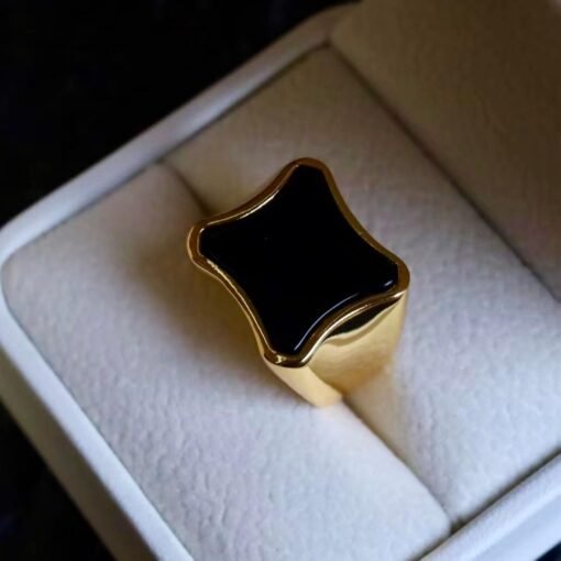 Unique Black Agate With Silver Ring|Vintage Big Black Agate rings Men|Statement Black Gem Jewelry Women/Handmade Squra Black Agate band Gold - Image 2