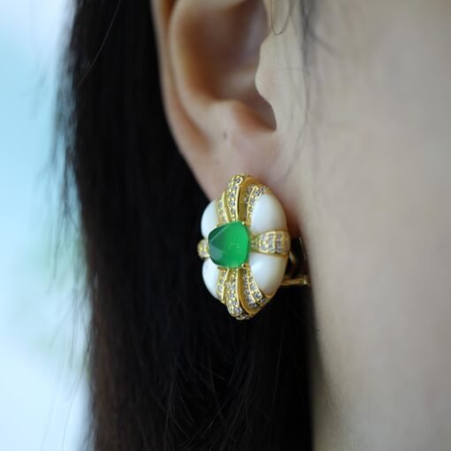 Oval Mother of Pearl Stud Earring with Green Agate|Unique Chrysoprase Stud Earrings WomenVintage Gemstone earrings SilverMothers day gift - Image 8