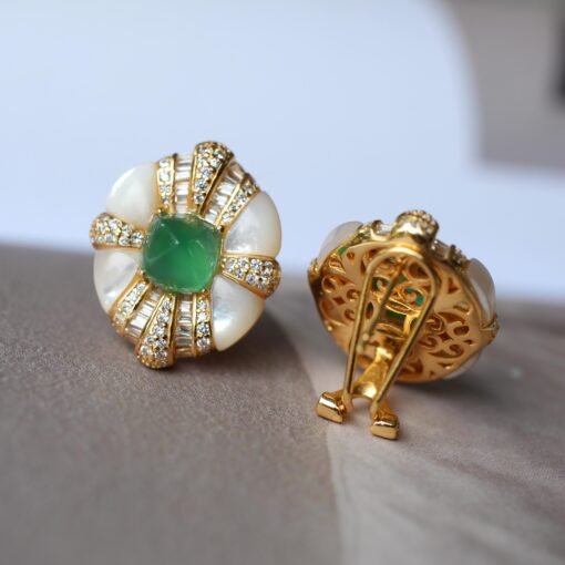 Oval Mother of Pearl Stud Earring with Green Agate|Unique Chrysoprase Stud Earrings WomenVintage Gemstone earrings SilverMothers day gift - Image 3
