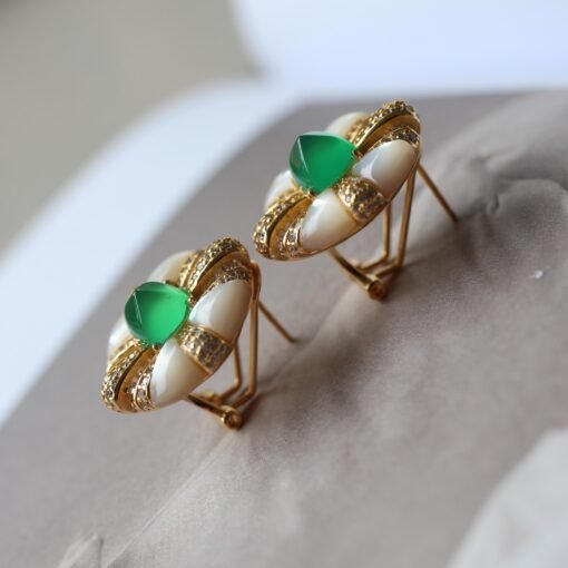 Oval Mother of Pearl Stud Earring with Green Agate|Unique Chrysoprase Stud Earrings WomenVintage Gemstone earrings SilverMothers day gift - Image 5