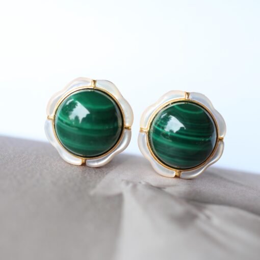 Genuine Cabochon Malachite Earrings Sterling Silver|Statement Malachite Earrings|Petal Floral Malachite Stud|Top Quality malachite studs - Image 7