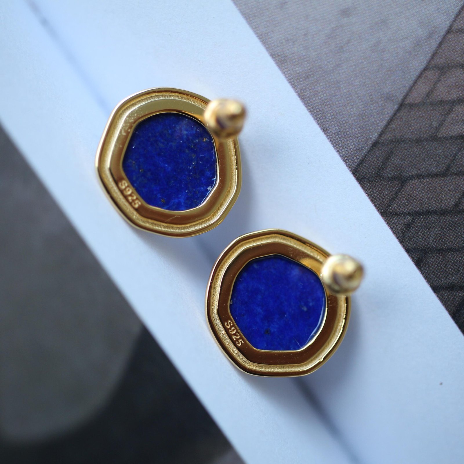 Genuine round Lapis Lazuli Stud Earring sterling silverUnique Simple Blue Gemstone Earring WomenMinimalist September Birthstone Gift Gold - Image 5