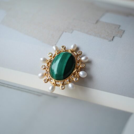 Natural Malachite Pearl brooch pin for women/Vintage Malachite brooch silver|Unique malachite jewelry women|Statement brooch antique - Image 3