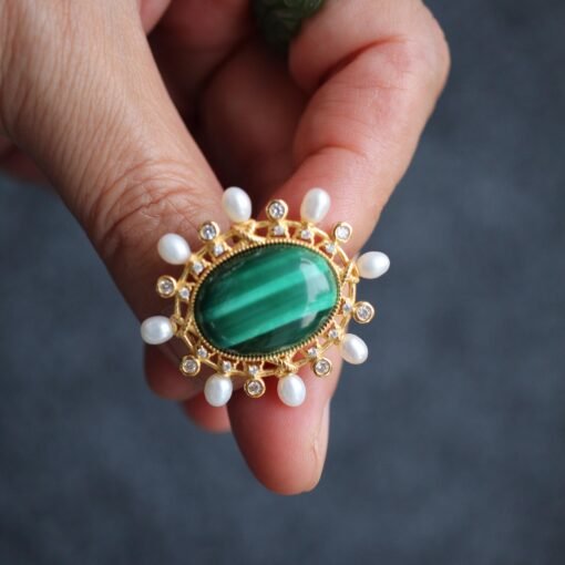 Natural Malachite Pearl brooch pin for women/Vintage Malachite brooch silver|Unique malachite jewelry women|Statement brooch antique - Image 6