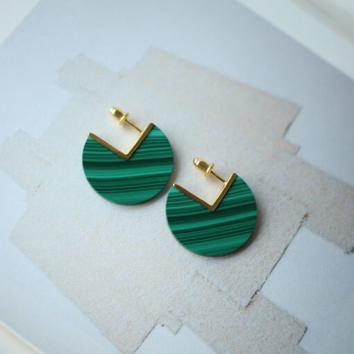 Natural Round Malachite Studs Earrings sterling silver|Minimalist Malachite stud|Statement Green Studs Earrings|Vintage Gemstone Earrings - Image 2