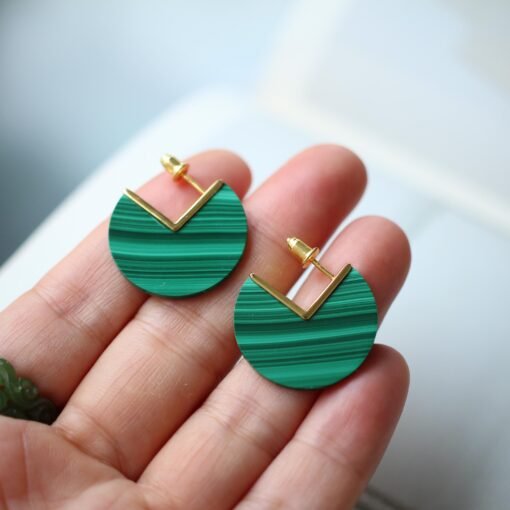 Natural Round Malachite Studs Earrings sterling silver|Minimalist Malachite stud|Statement Green Studs Earrings|Vintage Gemstone Earrings - Image 4