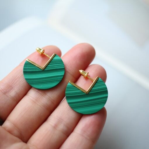 Natural Round Malachite Studs Earrings sterling silver|Minimalist Malachite stud|Statement Green Studs Earrings|Vintage Gemstone Earrings - Image 7