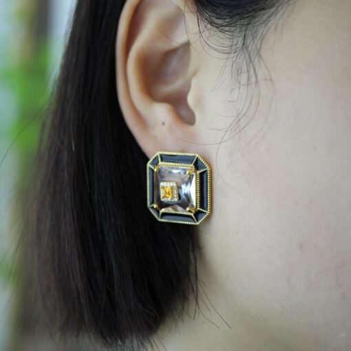 Natural Quartz Latch Back Earrings silver/Unique Statement Crystal Earrings Women/Art Deco Vintage Handmade yellow and white quartz earrings - Image 4