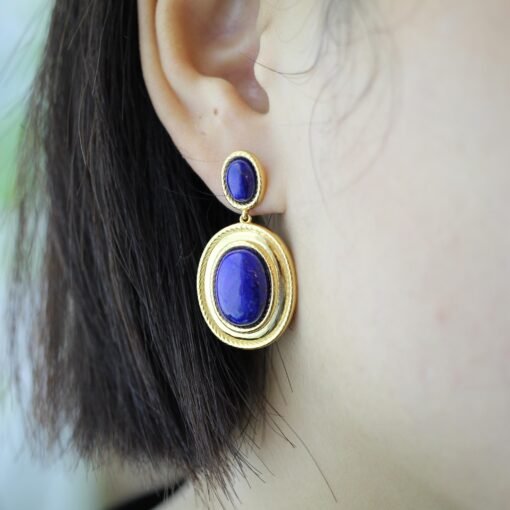 Genuine oval Lapis Lazuli Drop Earring sterling silver|Statement blue lapis lazuli studs goldVintage Gemstone EarringUnique gemstone drop - Image 4