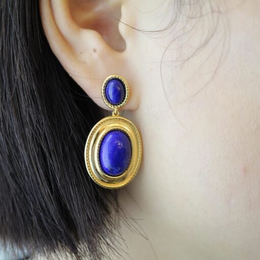 Genuine oval Lapis Lazuli Drop Earring sterling silver|Statement blue lapis lazuli studs goldVintage Gemstone EarringUnique gemstone drop - Image 8