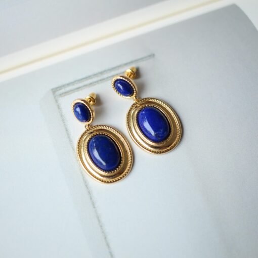 Genuine oval Lapis Lazuli Drop Earring sterling silver|Statement blue lapis lazuli studs goldVintage Gemstone EarringUnique gemstone drop - Image 3