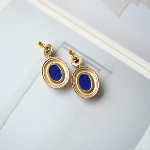 Genuine oval Lapis Lazuli Drop Earring sterling silver|Statement blue lapis lazuli studs goldVintage Gemstone EarringUnique gemstone drop - Image 6