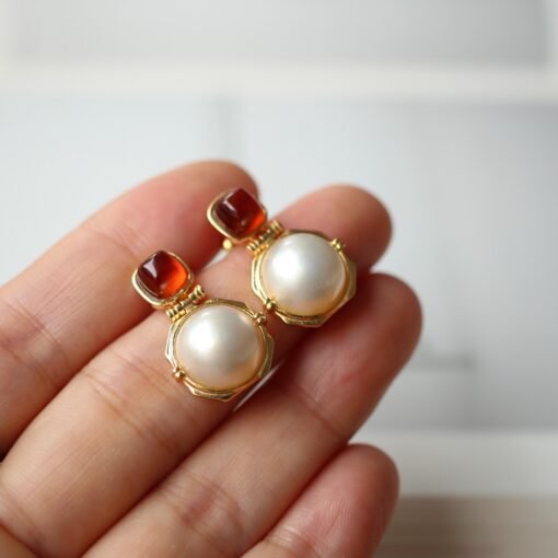 Natural Mabe Pearl Earrings with Garnet s925 Silver|Unique Modern Mabe Pearl Jewelry|Statement Pearl Earrings|Perfect Wedding Earrings - Image 3