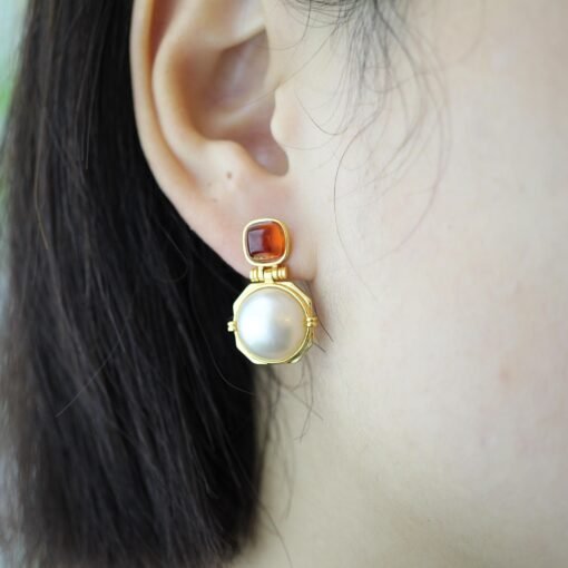 Natural Mabe Pearl Earrings with Garnet s925 Silver|Unique Modern Mabe Pearl Jewelry|Statement Pearl Earrings|Perfect Wedding Earrings - Image 4