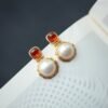 Natural Mabe Pearl Earrings with Garnet s925 Silver|Unique Modern Mabe Pearl Jewelry|Statement Pearl Earrings|Perfect Wedding Earrings
