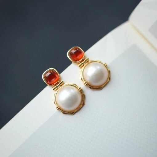 Natural Mabe Pearl Earrings with Garnet s925 Silver|Unique Modern Mabe Pearl Jewelry|Statement Pearl Earrings|Perfect Wedding Earrings