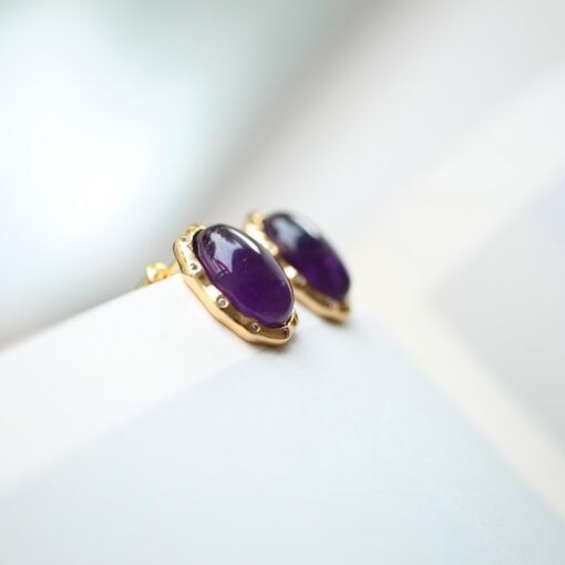 Genuine oval amethyst stud earrings women/Unique vintage amethyst studs earring/Art deco amethyst earring|Minimalist amethyst earring silver - Image 7