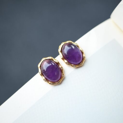 Genuine oval amethyst stud earrings women/Unique vintage amethyst studs earring/Art deco amethyst earring|Minimalist amethyst earring silver - Image 2