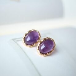 Genuine oval amethyst stud earrings women/Unique vintage amethyst studs earring/Art deco amethyst earring|Minimalist amethyst earring silver