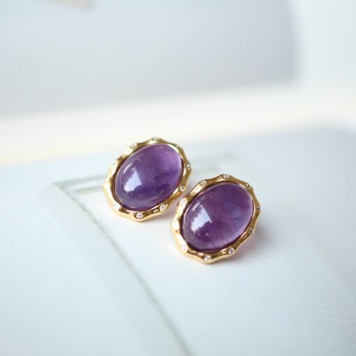 Genuine oval amethyst stud earrings women/Unique vintage amethyst studs earring/Art deco amethyst earring|Minimalist amethyst earring silver