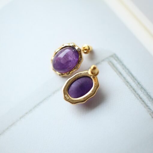Genuine oval amethyst stud earrings women/Unique vintage amethyst studs earring/Art deco amethyst earring|Minimalist amethyst earring silver - Image 3