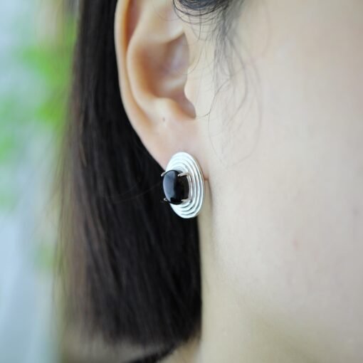 Unique Oval Black Agate Stud Earrings silver|Natural Black Agate Earrings Women|Bezel Set Black Agate Jewelry|Modern Real Gemstone Earrings - Image 4