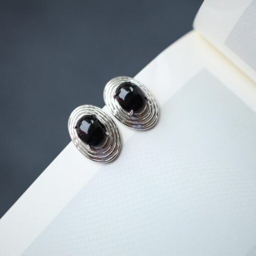 Unique Oval Black Agate Stud Earrings silver|Natural Black Agate Earrings Women|Bezel Set Black Agate Jewelry|Modern Real Gemstone Earrings - Image 3