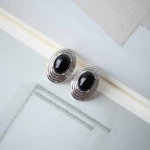 Unique Oval Black Agate Stud Earrings silver|Natural Black Agate Earrings Women|Bezel Set Black Agate Jewelry|Modern Real Gemstone Earrings - Image 2