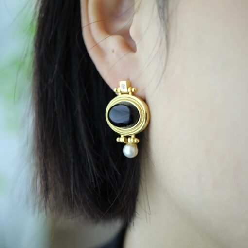 Unique Black Agate With Pearl Earrings Silver|Vintage Black Agate Earrings|Antique Art Deco Black Agate Jewelry Women - Image 4