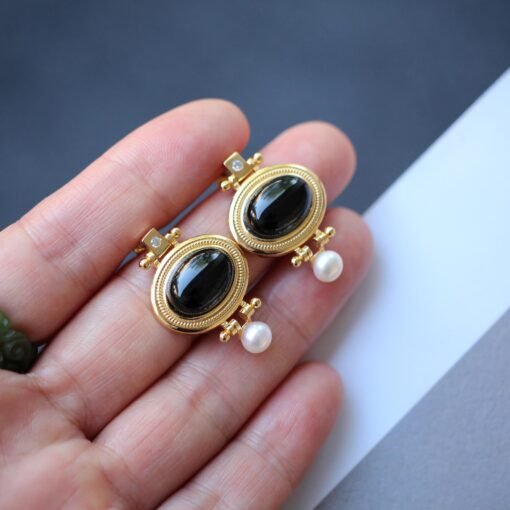 Unique Black Agate With Pearl Earrings Silver|Vintage Black Agate Earrings|Antique Art Deco Black Agate Jewelry Women - Image 5