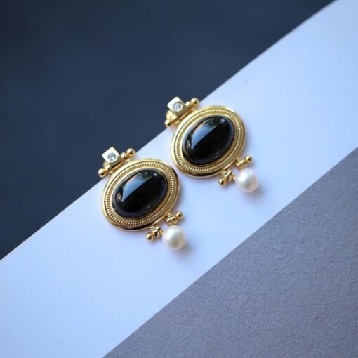 Unique Black Agate With Pearl Earrings Silver|Vintage Black Agate Earrings|Antique Art Deco Black Agate Jewelry Women
