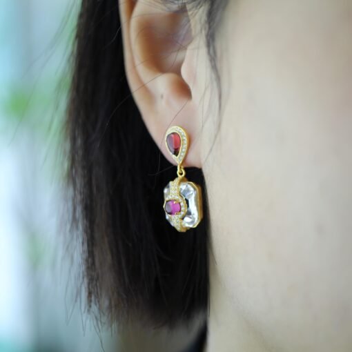 Natural Garnet with Quartz Drop Earrings silver/Unique Statement Garnet Earrings Women/Art Deco Vintage Statement Red Gemstone Earrings Gold - Image 8