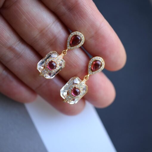 Natural Garnet with Quartz Drop Earrings silver/Unique Statement Garnet Earrings Women/Art Deco Vintage Statement Red Gemstone Earrings Gold - Image 4