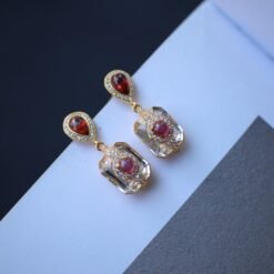 Natural Garnet with Quartz Drop Earrings silver/Unique Statement Garnet Earrings Women/Art Deco Vintage Statement Red Gemstone Earrings Gold