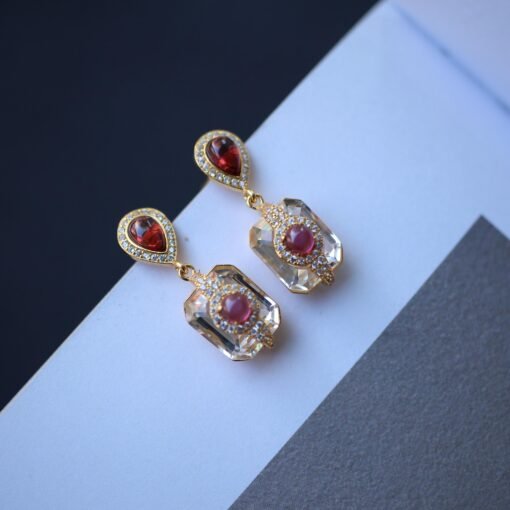 Natural Garnet with Quartz Drop Earrings silver/Unique Statement Garnet Earrings Women/Art Deco Vintage Statement Red Gemstone Earrings Gold