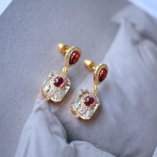 Natural Garnet with Quartz Drop Earrings silver/Unique Statement Garnet Earrings Women/Art Deco Vintage Statement Red Gemstone Earrings Gold - Image 2