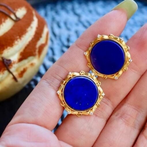 Genuine round Lapis Lazuli Stud Earring sterling silverUnique Blue Gemstone Jewelry Earring WomenVintage September Birthstone Gift Gold - Image 6