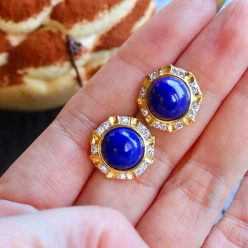 Genuine round Lapis Lazuli Stud Earring sterling silverVintage Antique Blue Gemstone Earring WomenUnqiue September Birthstone Gift Gold - Image 4