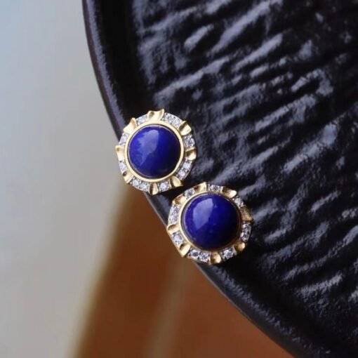 Genuine round Lapis Lazuli Stud Earring sterling silverVintage Antique Blue Gemstone Earring WomenUnqiue September Birthstone Gift Gold - Image 5