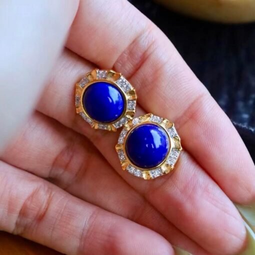 Genuine round Lapis Lazuli Stud Earring sterling silverVintage Antique Blue Gemstone Earring WomenUnqiue September Birthstone Gift Gold - Image 6