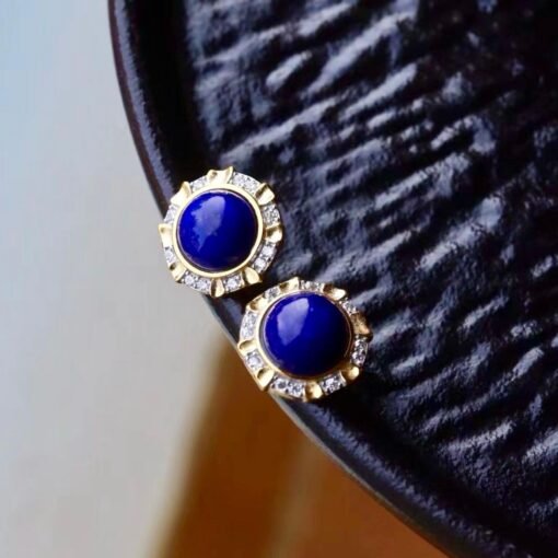 Genuine round Lapis Lazuli Stud Earring sterling silverVintage Antique Blue Gemstone Earring WomenUnqiue September Birthstone Gift Gold - Image 8