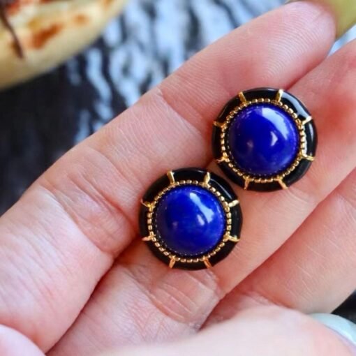 Genuine round Lapis Lazuli Stud Earring sterling silverUnique Vintage Blue Gemstone Earring WomenAntique September Birthstone Gift Gold - Image 3