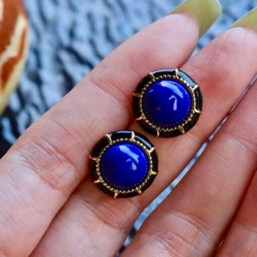 Genuine round Lapis Lazuli Stud Earring sterling silverUnique Vintage Blue Gemstone Earring WomenAntique September Birthstone Gift Gold - Image 5