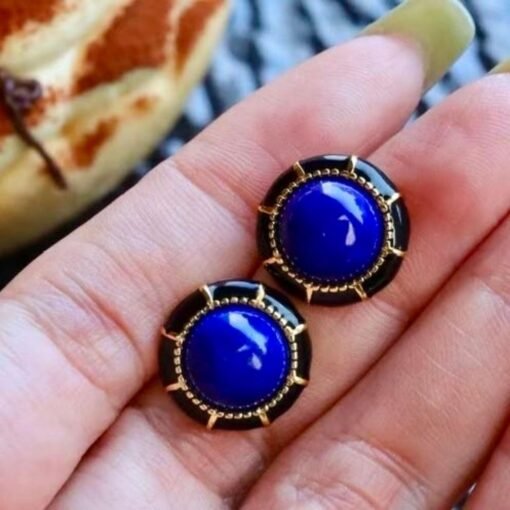 Genuine round Lapis Lazuli Stud Earring sterling silverUnique Vintage Blue Gemstone Earring WomenAntique September Birthstone Gift Gold