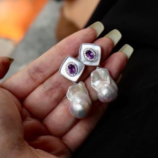 Natural Pearl Drop Earrings With Garnet Silver|Statement Modern Pearl Drop/Art deco Pearl Drop Women|Unique June Birthstone Gift - Image 2