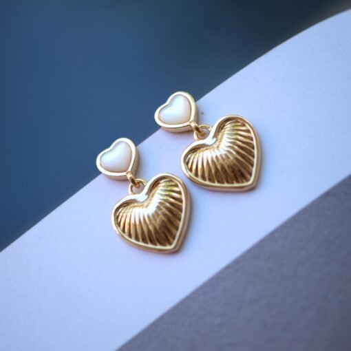 Unique Heart shape silver drop earringsGold Plated silver earrings womenHeart mother of pearl earringwhite gemstone with silver earring - Image 6