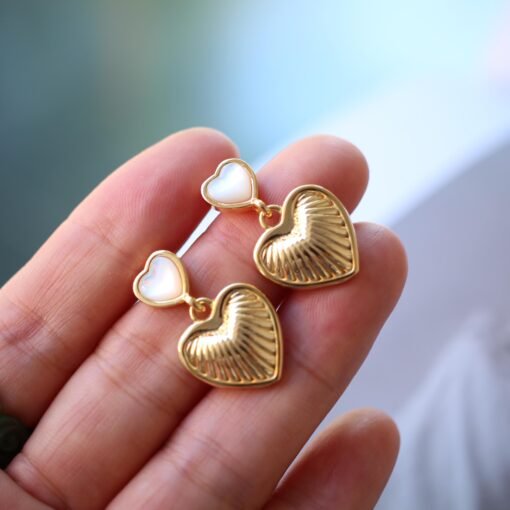 Unique Heart shape silver drop earringsGold Plated silver earrings womenHeart mother of pearl earringwhite gemstone with silver earring - Image 5